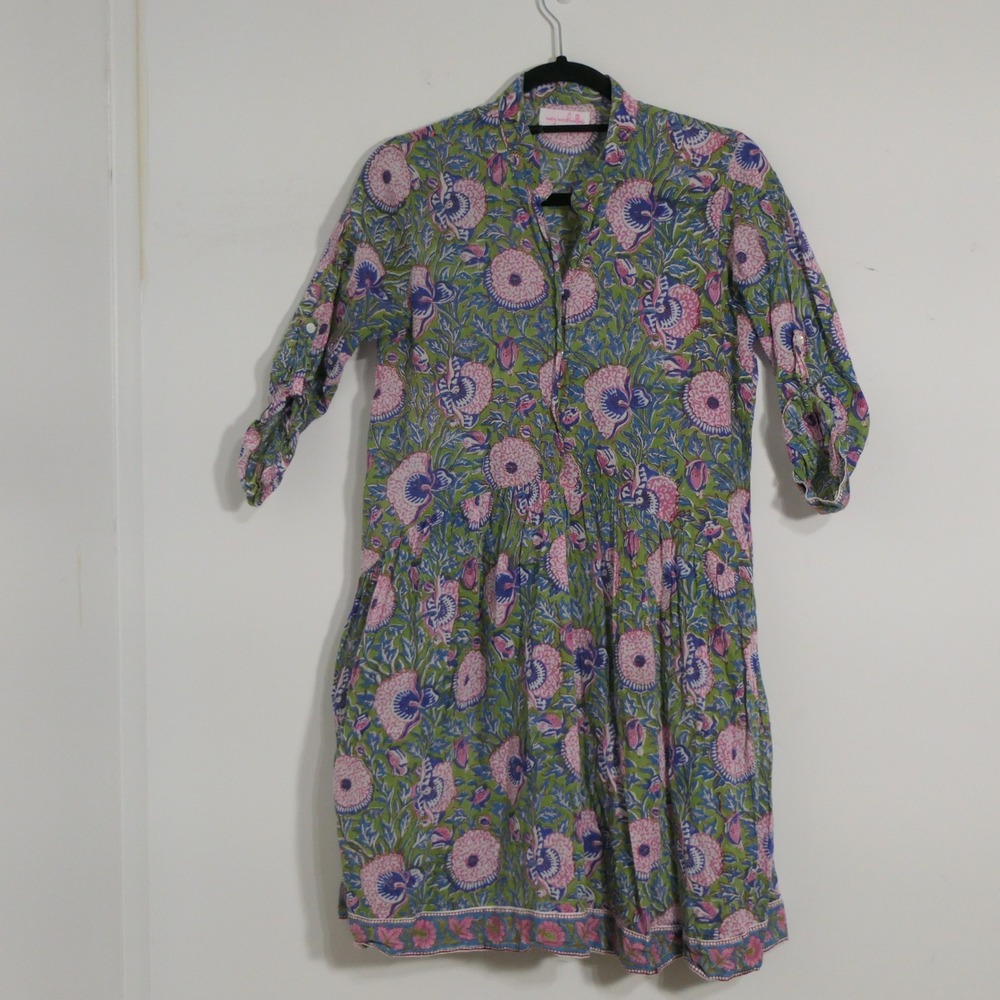 Mary Marshmallow Womens Mini Dress S Green Pink Block Print Floral Boho Feminine